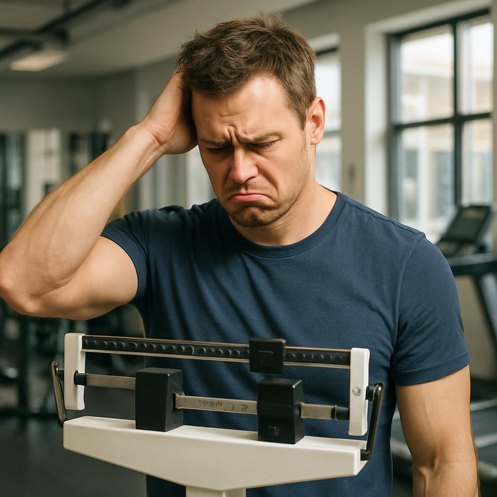 A frustrated person at a gym looking at a scale